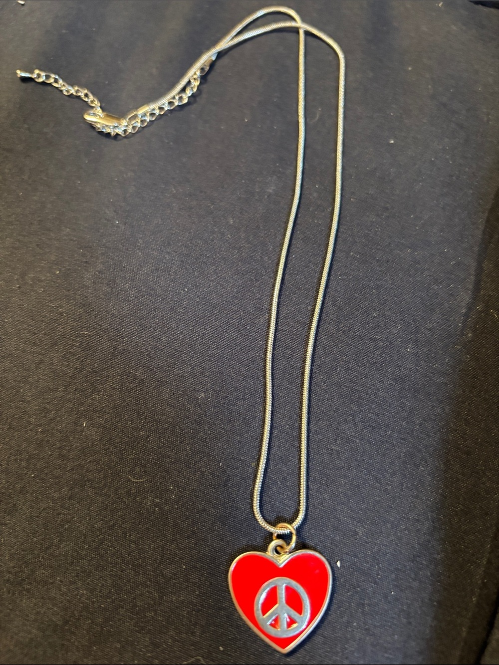 Red Heart Peace sign silvertone Pendant Necklace with Silver Peace Symbol